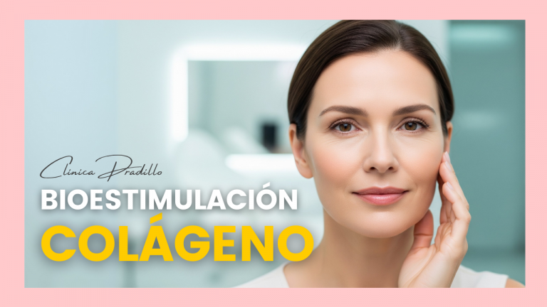 Mujer mostrando los resultados de la bioestimulación de colágeno en su rostro en Clínica Pradillo