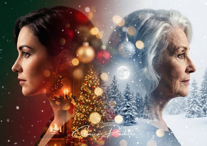 Representación visual de los cambios estructurales faciales y por qué envejecemos: comparación de volúmenes y piel entre la juventud y la madurez con iluminación festiva.