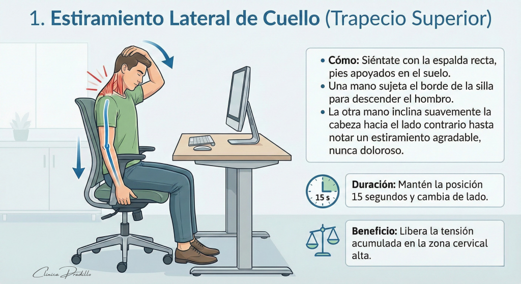 Estiramiento lateral de cuello sentado para aliviar la tensión cervical y el dolor de espalda oficina