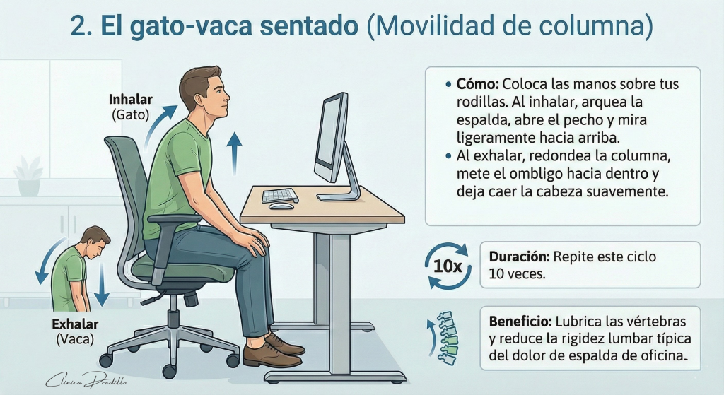 Ejercicio gato-vaca en silla para mejorar la movilidad de columna y reducir el dolor de espalda oficina