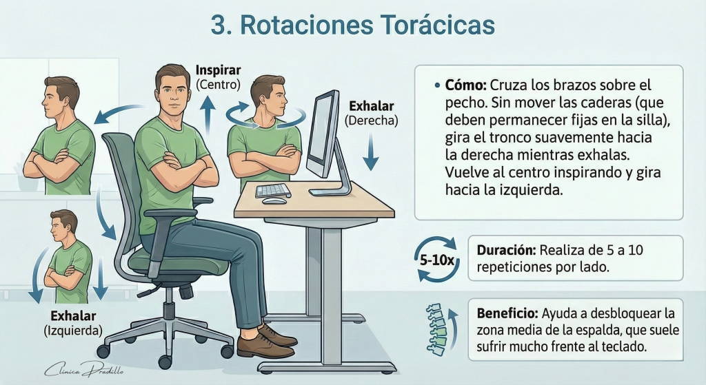 Rotaciones torácicas sentados para desbloquear la zona media y prevenir el dolor de espalda oficina