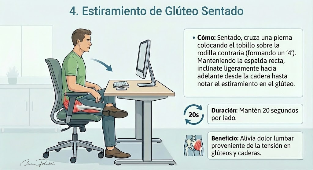 Estiramiento de glúteo en silla para aliviar la zona lumbar y el dolor de espalda oficina en Madrid