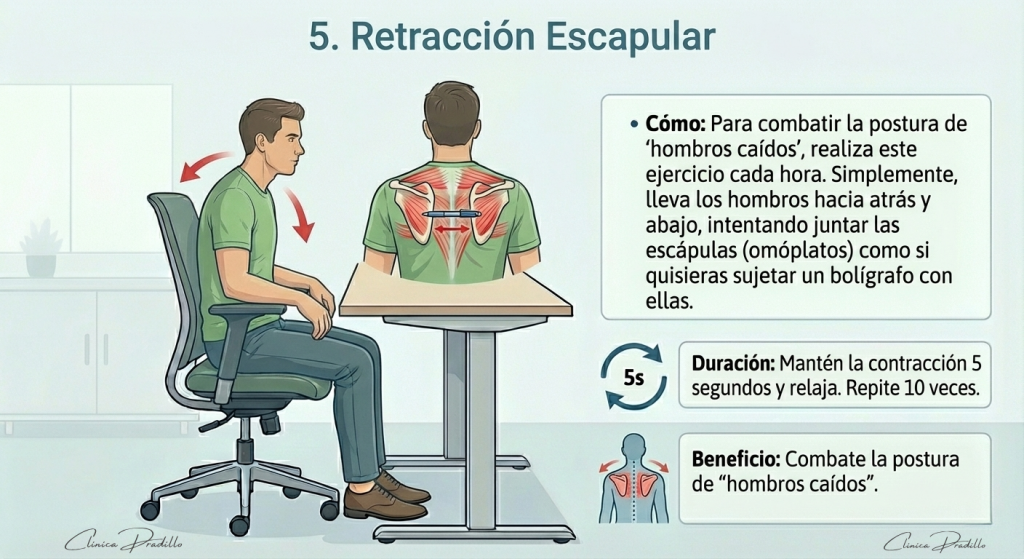 Ejercicio de retracción escapular para corregir hombros caídos y combatir el dolor de espalda oficina